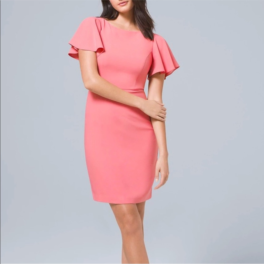 White House Black Market Flutter Sleeve Sheath. Color: Coral. Size: 00P